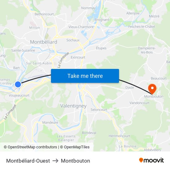 Montbéliard-Ouest to Montbouton map