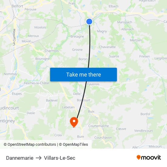 Dannemarie to Villars-Le-Sec map