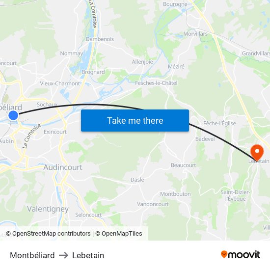 Montbéliard to Lebetain map