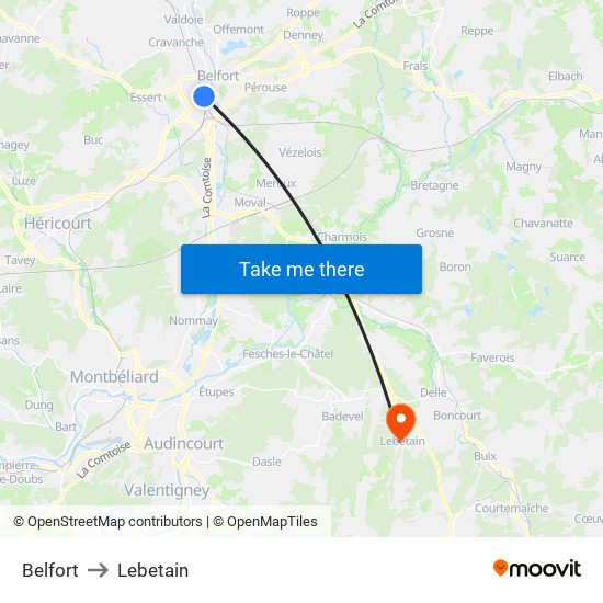Belfort to Lebetain map
