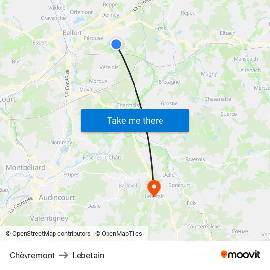 Chèvremont to Lebetain map