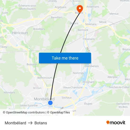 Montbéliard to Botans map