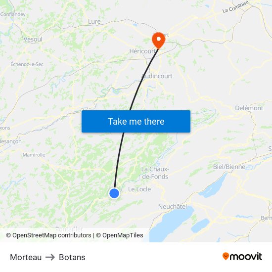 Morteau to Botans map