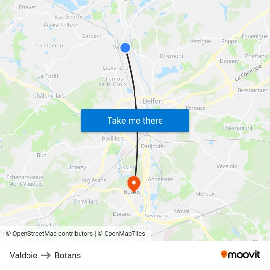 Valdoie to Botans map
