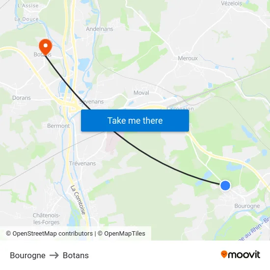 Bourogne to Botans map
