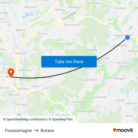 Foussemagne to Botans map