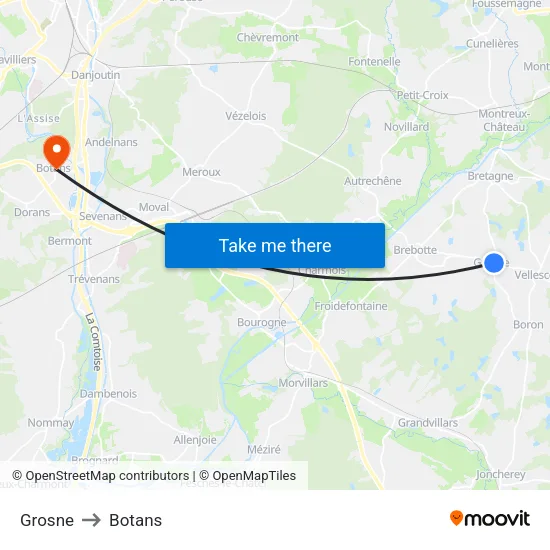 Grosne to Botans map