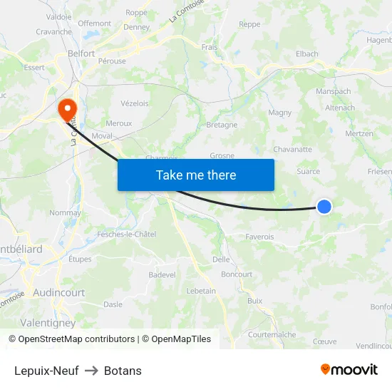 Lepuix-Neuf to Botans map