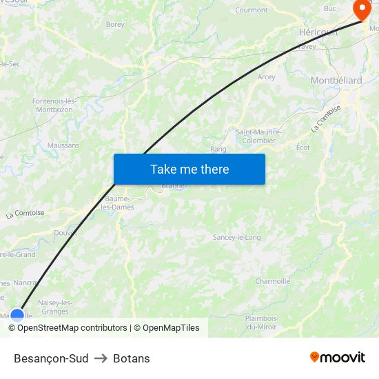 Besançon-Sud to Botans map