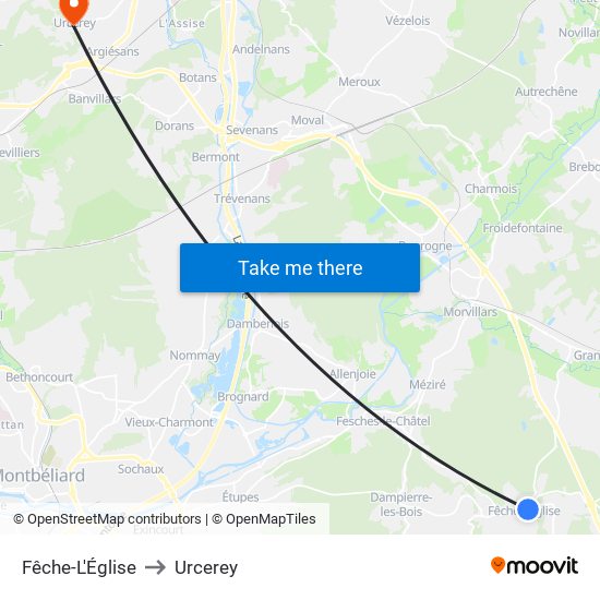 Fêche-L'Église to Urcerey map