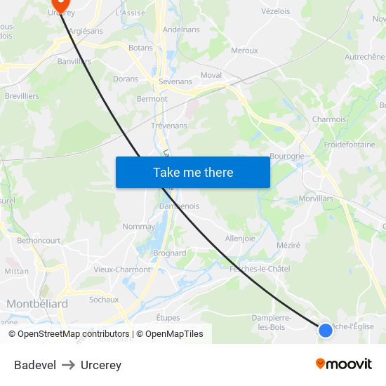 Badevel to Urcerey map