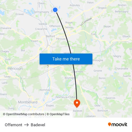 Offemont to Badevel map