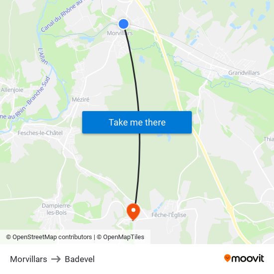 Morvillars to Badevel map