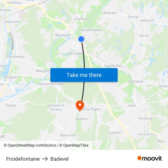 Froidefontaine to Badevel map