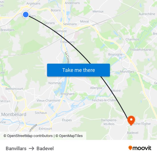 Banvillars to Badevel map