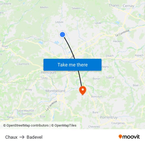 Chaux to Badevel map