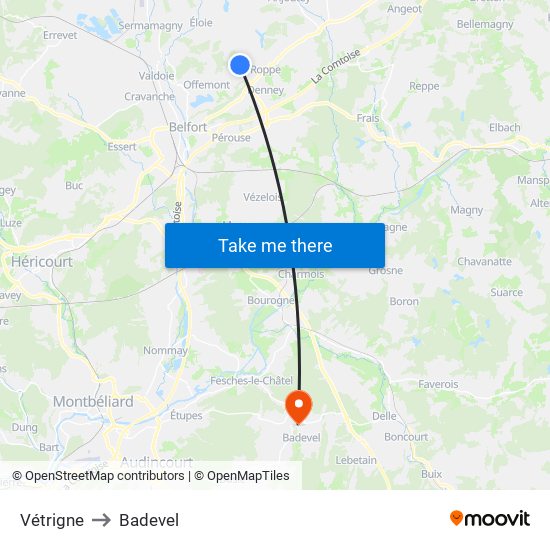 Vétrigne to Badevel map
