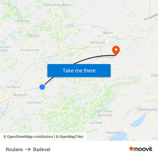 Roulans to Badevel map
