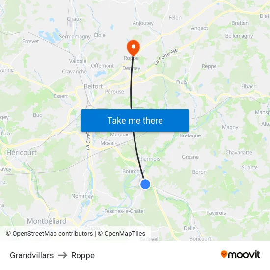 Grandvillars to Roppe map
