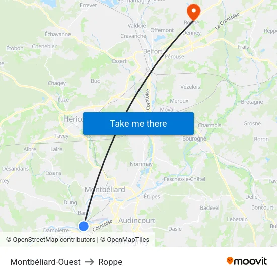 Montbéliard-Ouest to Roppe map