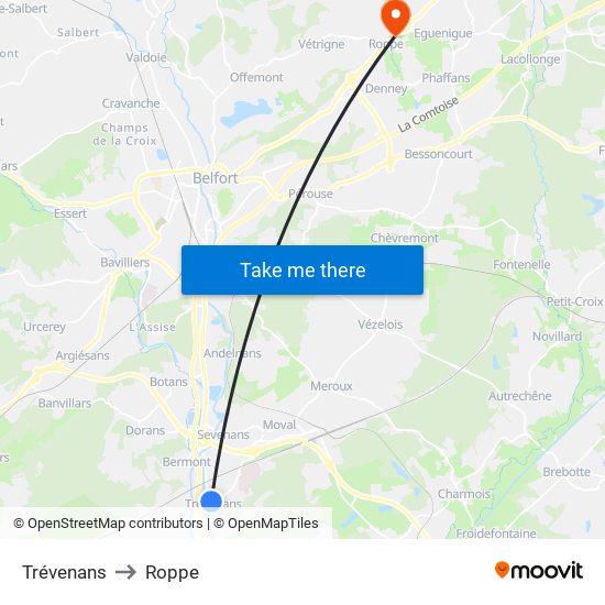 Trévenans to Roppe map