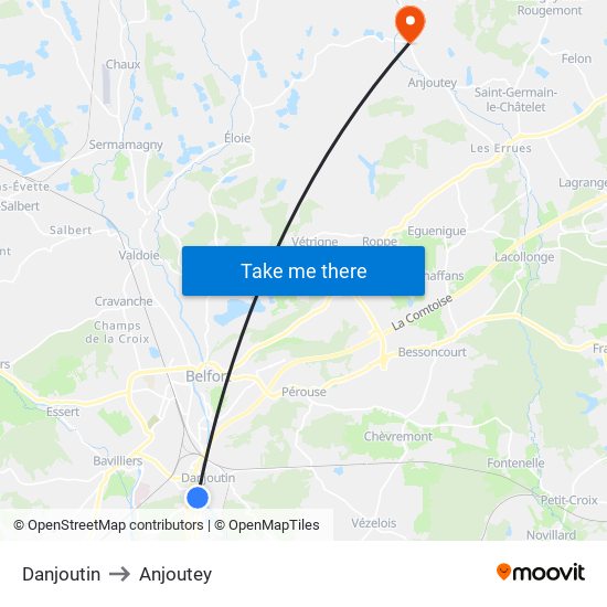 Danjoutin to Anjoutey map