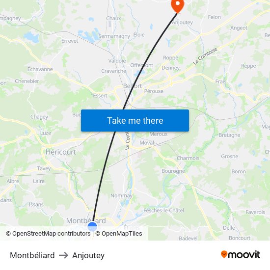 Montbéliard to Anjoutey map