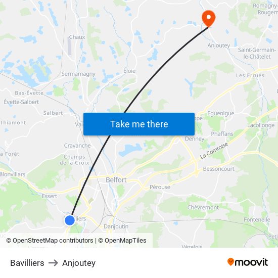 Bavilliers to Anjoutey map