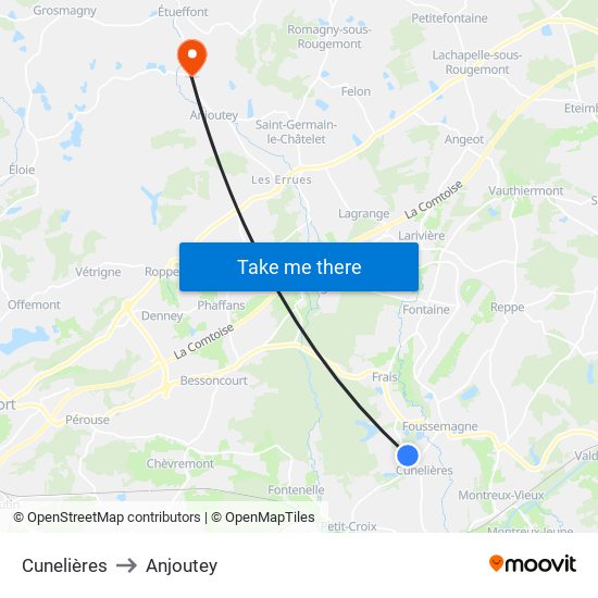 Cunelières to Anjoutey map