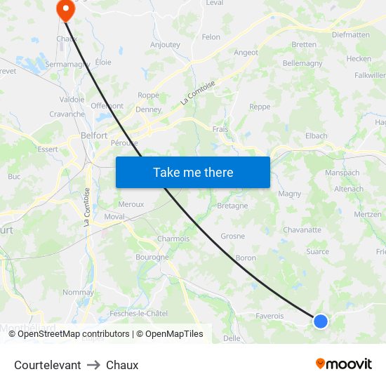 Courtelevant to Chaux map