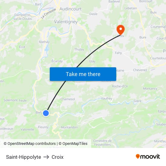 Saint-Hippolyte to Croix map