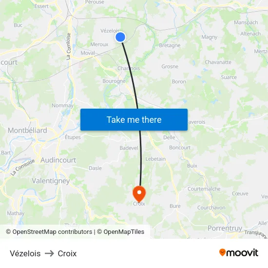 Vézelois to Croix map