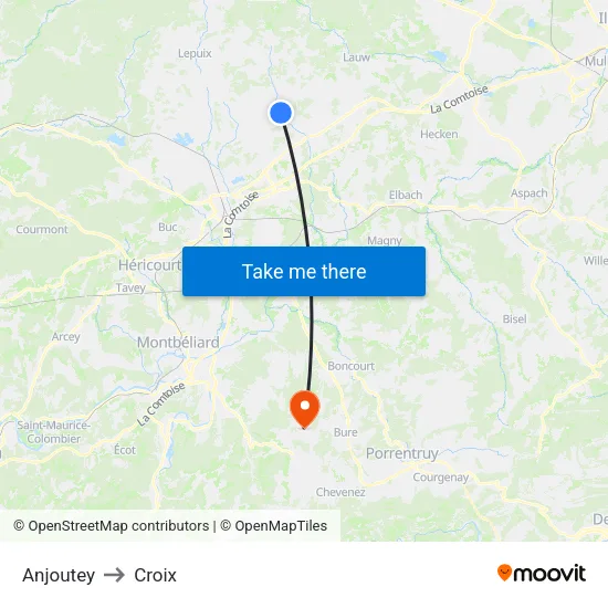 Anjoutey to Croix map
