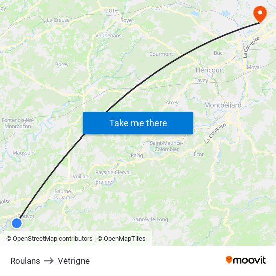 Roulans to Vétrigne map