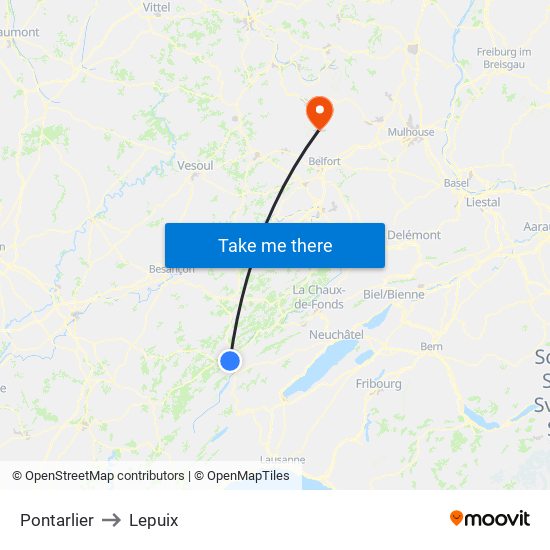 Pontarlier to Lepuix map