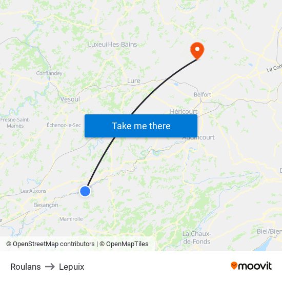 Roulans to Lepuix map