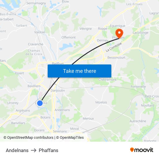 Andelnans to Phaffans map