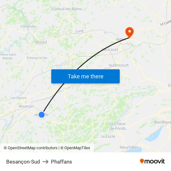 Besançon-Sud to Phaffans map