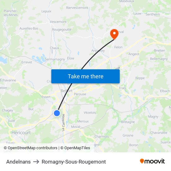 Andelnans to Romagny-Sous-Rougemont map