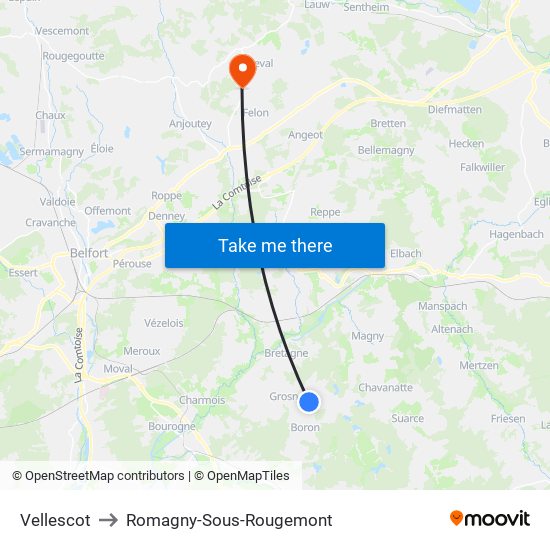 Vellescot to Romagny-Sous-Rougemont map