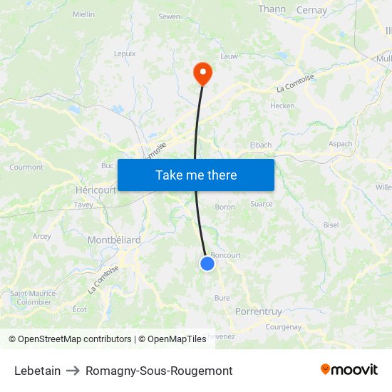 Lebetain to Romagny-Sous-Rougemont map