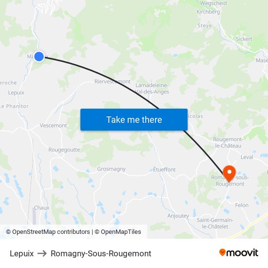 Lepuix to Romagny-Sous-Rougemont map