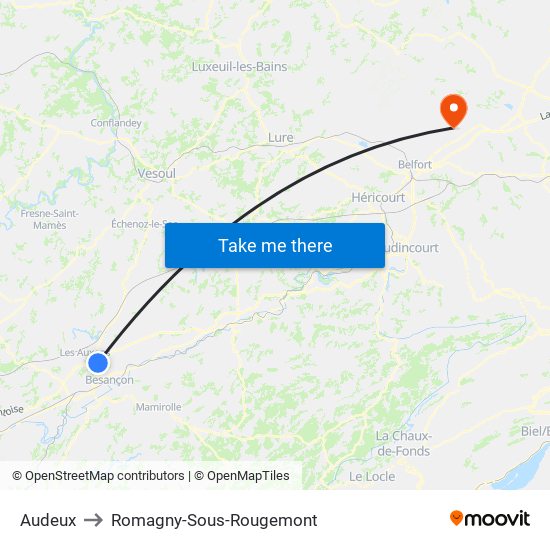 Audeux to Romagny-Sous-Rougemont map