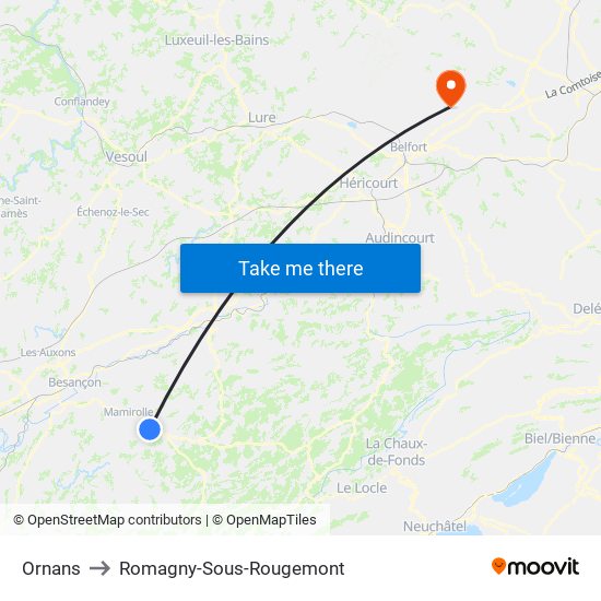 Ornans to Romagny-Sous-Rougemont map