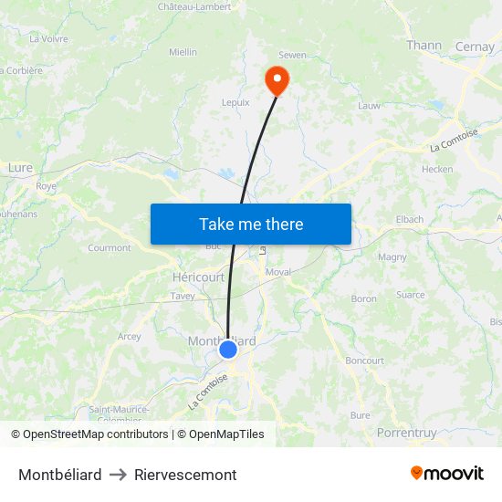 Montbéliard to Riervescemont map