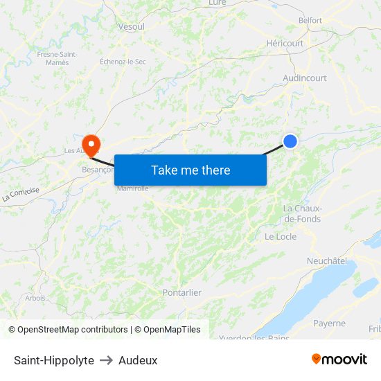 Saint-Hippolyte to Audeux map