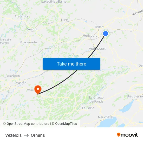 Vézelois to Ornans map