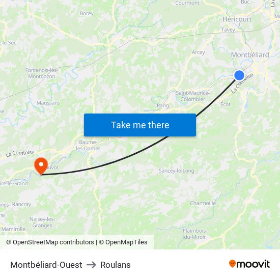 Montbéliard-Ouest to Roulans map