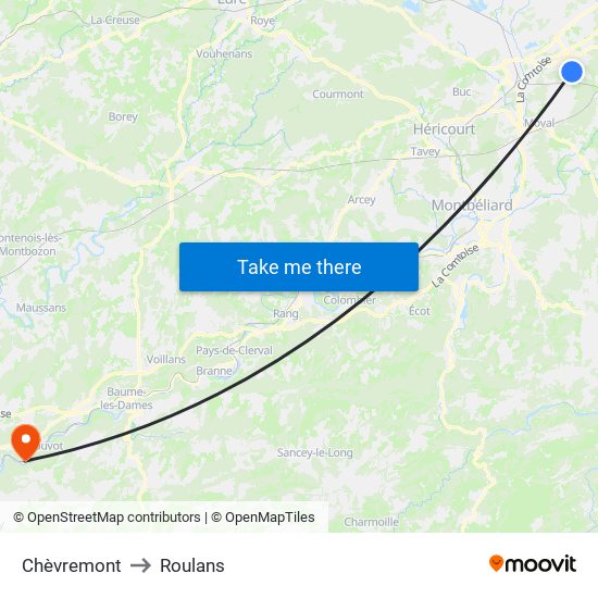 Chèvremont to Roulans map