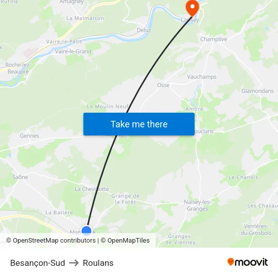 Besançon-Sud to Roulans map